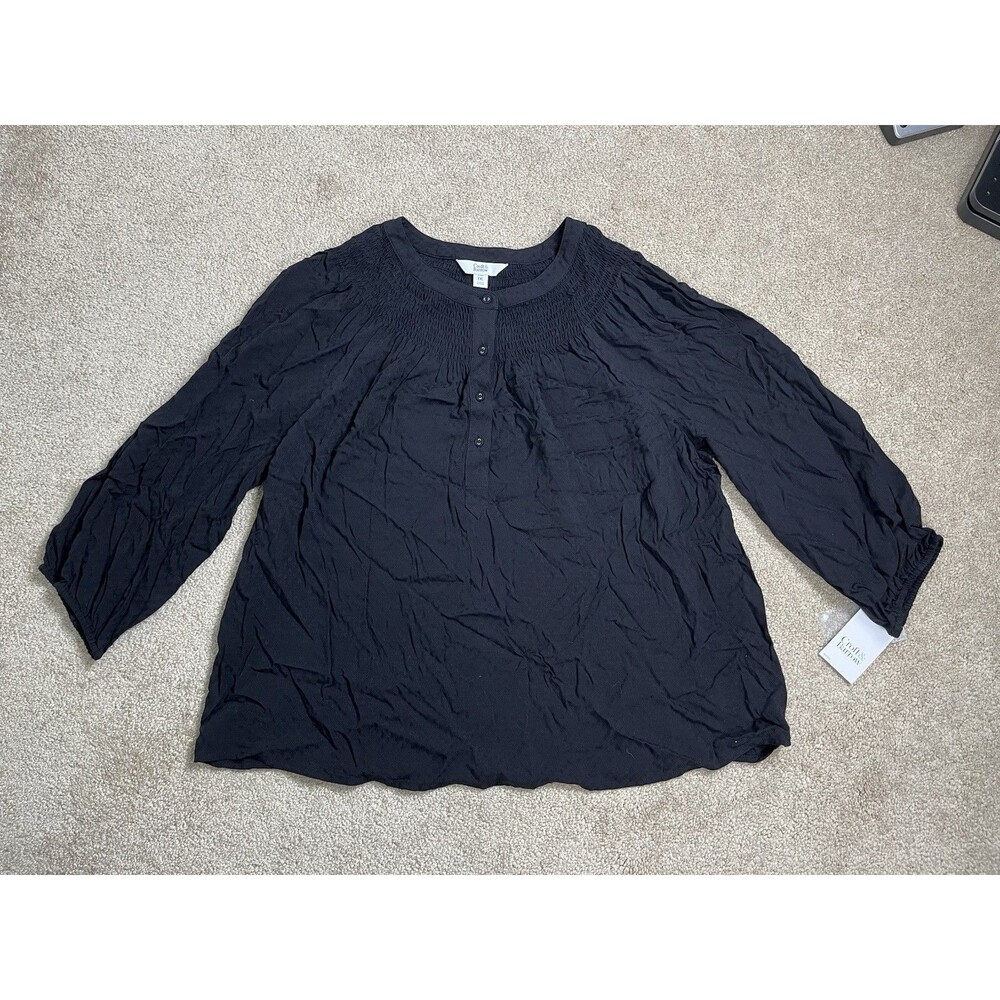 NWT Croft & Barrow Women Petite XL Black Smocked Henley Blouse 3/4 Sleeve Top